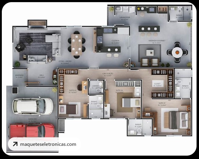 Modelo de planta com 3 quartos amplo espaço