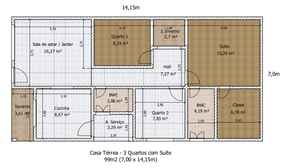Planta de Casa com 3 Quartos e Jardim de Inverno
